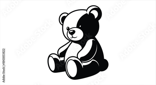 A simple black and white illustration depicting a classic seated teddy bear design