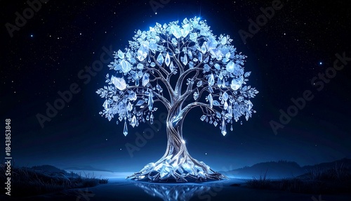 Glowing Fantasy Tree with Purple Pink Foliage Under Starry Sky Symbolizing Magic and Editorial Styling for Nature and Conceptual Use