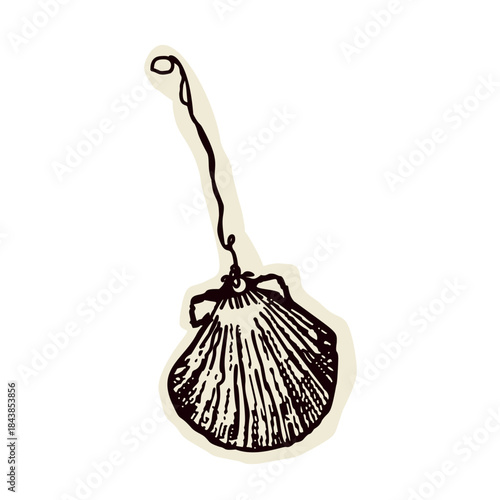Pilgrims way shell signpost symbol icon of scallop sign. Simple religious motif to identify walkers seeking sanctuary hospitality on camino, Santiago de Compostela or Canterbury sacred trail. 
