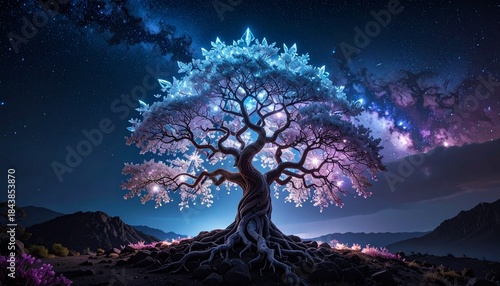 Glowing Fantasy Tree with Purple Pink Foliage Under Starry Sky Symbolizing Magic and Editorial Styling for Nature and Conceptual Use