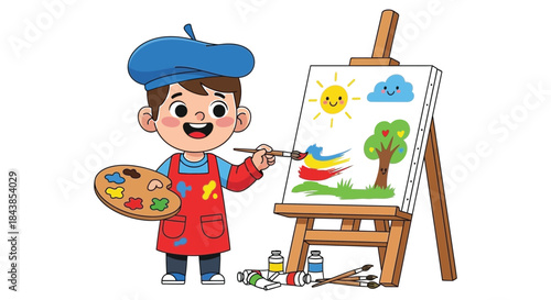 A cheerful young artist paints a vibrant and whimsical scene on a canvas with joy