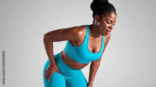 Dynamic Woman Showing Pain and Discomfort During Exercise in Bright Studio Setting