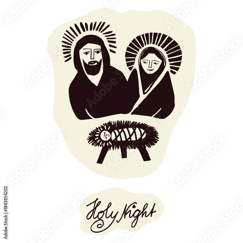 Hand drawn biblical holy family in manger nativity characters. Mary, Joseph and the baby Jesus christ child born in crib. Isolated vector icon for christmas bible study character banner card