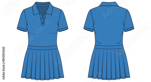 Illustration of a blue women s polo shirt dress with pleated skirt detail shown front and back
