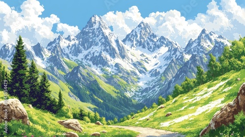 Majestic Snow-Capped Mountains Under a Vibrant Blue Sky with Fluffy Clouds