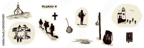 Collection of pilgrim group walking on path to church on trail. Country landscape with camino signpost, pilgrims way shell, men and women for Canterbury Camino pilgrimage walk. Faith based Icon set.
