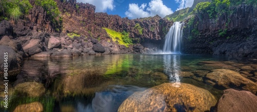 Majestic Waterfall Cascades into Crystal-Clear Lagoon Amidst Volcanic Rocks and Lush Greenery