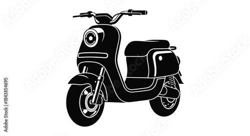 A striking black and white illustration of a classic scooter design a bold silhouette