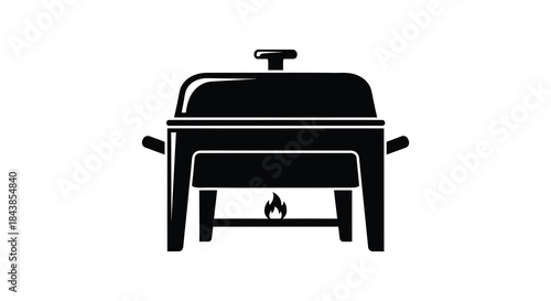 A classic black chafing dish with a lid and warming flame presented as a silhouette