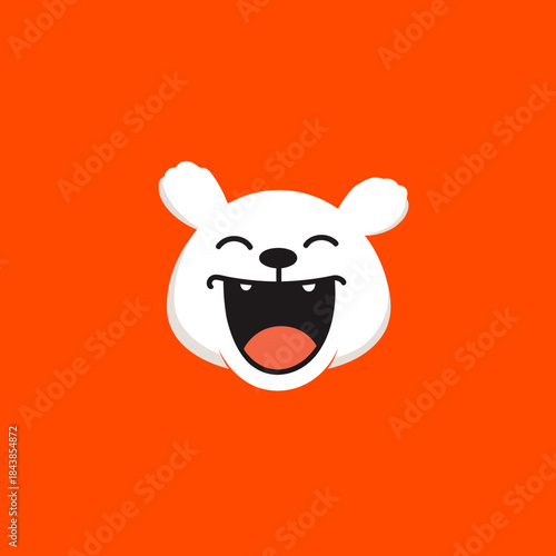 Happy white cartoon animal head laughing with an open mouth on a vibrant orange background, expressing joy and fun