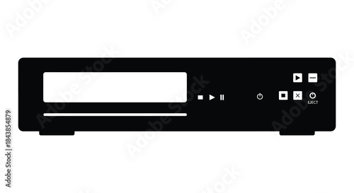 A stark black outline of a vintage audio component likely a cassette deck silhouette
