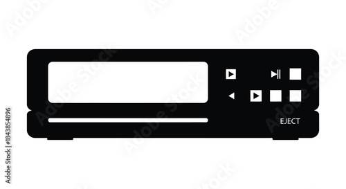 A black and white depiction of a vintage media player with controls a screen and eject button silhouette