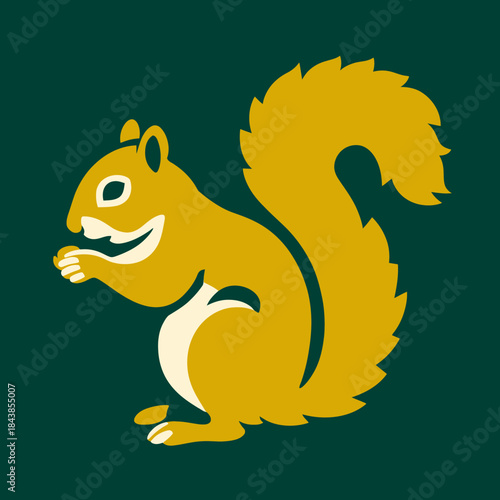 Stylized golden squirrel illustration holding a nut on a dark green background. Cute cartoon rodent graphic design.