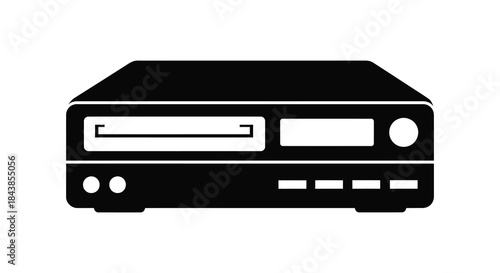 A flat black image of a vintage vhs player with a simple distinct silhouette