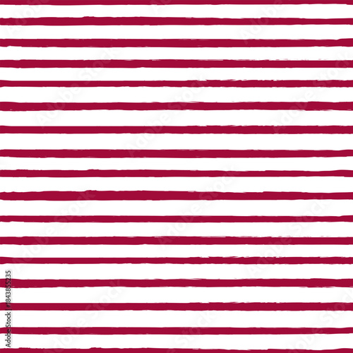 Christmas stripe seamless vector repeat pattern with grunge torn texture jagged horizontal thin skinny stripe. Red and white surface pattern design for Valentines Day, Americana and Xmas.