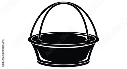 A simple black and white illustration of a rounded basket with a handle silhouette