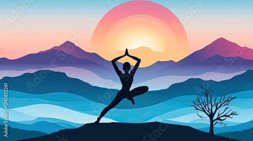 Meditative Yoga Silhouette Against Stylized Sunset and Layered Mountain Vista