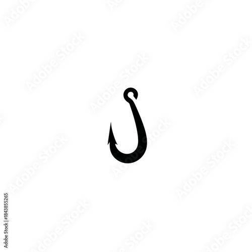 Black fishing hook silhouette isolated on white background, angling equipment, fishing tackle icon, simple graphic element