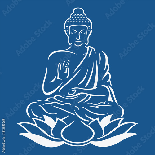 Lord Buddha Vector On Blue Background.