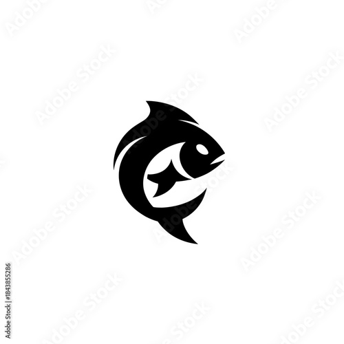 Dynamic black fish silhouette vector graphic. Simple abstract icon for seafood restaurant logo, fishing club, or aquatic design.