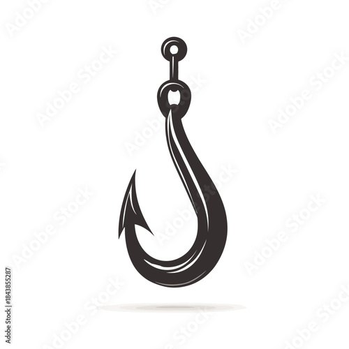 Vintage style black fishing hook icon vector illustration. Essential fishing tackle equipment for angling and sport fishing.