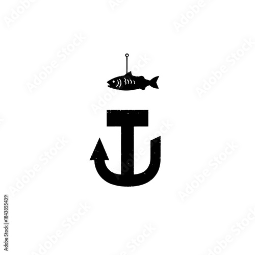 Distressed vintage nautical emblem with a fish on a hook above a heavy anchor. Black and white fishing boat logo illustration.