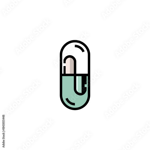 Minimalist vector illustration of a green and beige medical capsule or supplement pill for health, medicine, and wellness.
