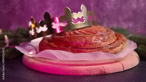 Royal biscuit with golden crown on grey background with flashing multicolored light.