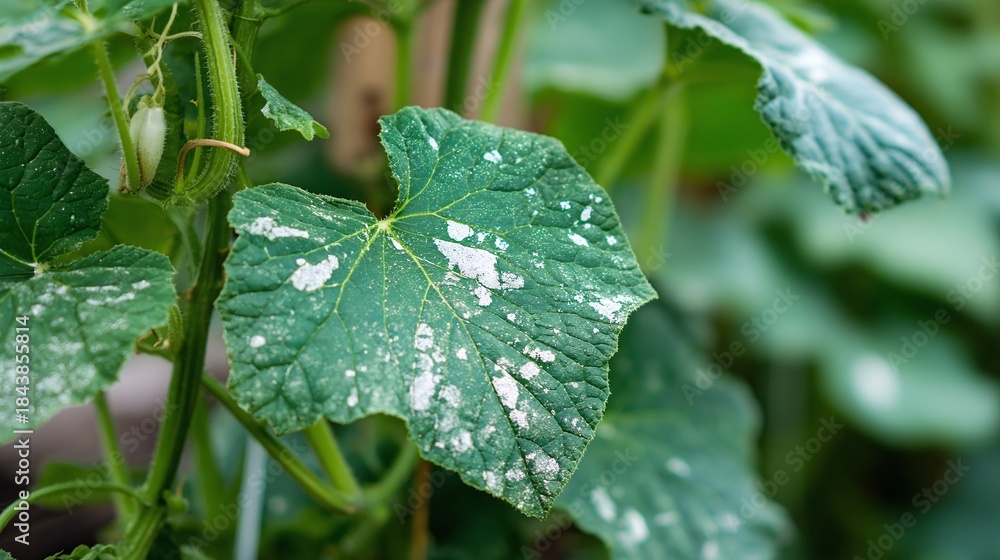 Obraz premium A large, green leaf displays scattered patches of white, indicating signs of a plant disease. The leaf is surrounded by other green foliage, showing it as part of a larger plant in the garden.