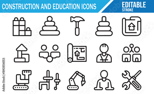 Building Blocks, Excavator, and Blueprint Line Icons Set.