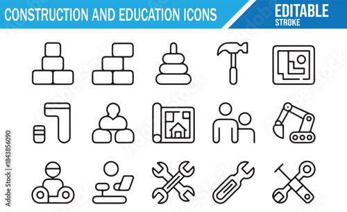 Set of Construction Worker, Tools, and Toy Building Icons.