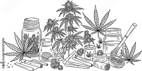Vintage Cannabis Apothecary Illustration with Marijuana Leaves, Jars, and Herbal Elements.
