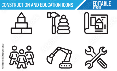 Set of Construction and Education Line Icons, Editable Stroke, Building Blocks, Tools, Worker, Excavator, Blueprint, Learning Toys, Vector Illustration.