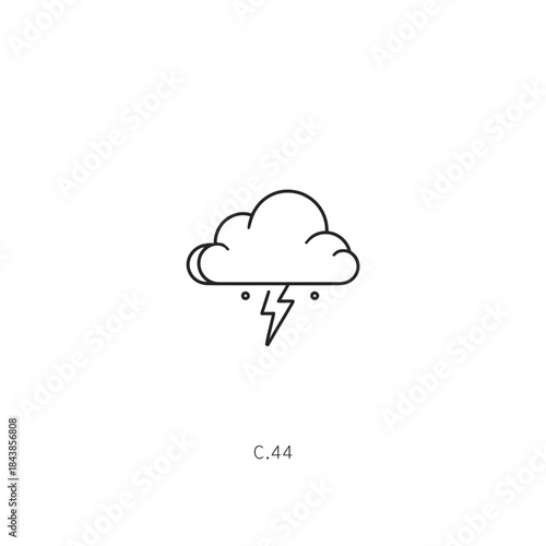Line art weather icon depicting a storm cloud with lightning bolt and raindrops. Simple outline graphic for forecast.