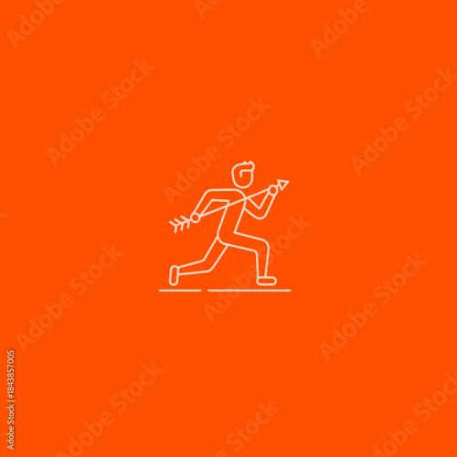 Line art illustration of a running man holding a spear or javelin, depicting ancient hunting, athletic pursuit, or primitive sport.