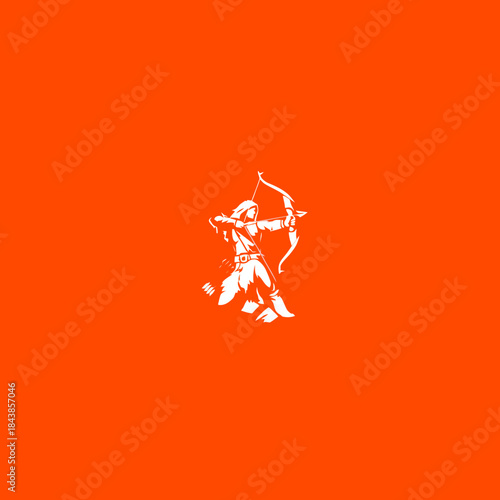 Dynamic white archer silhouette drawing bow and arrow, symbolizing precision, skill, and sport. Minimalist graphic illustration on a vibrant orange background.