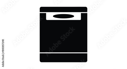 A simple depiction of a modern dishwasher appliance in a stark black silhouette