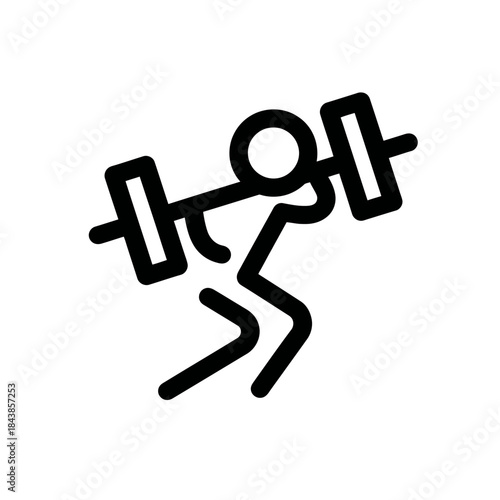 Stick figure icon performing barbell squats for fitness, strength training, workout, and gym exercise graphic
