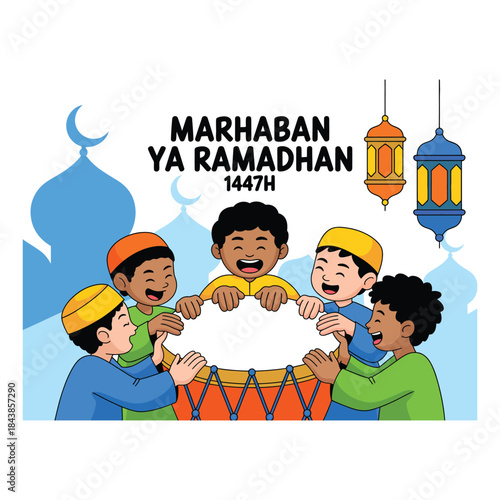 Children celebrating Ramadan with a drum Marhaban Ya Ramadan
