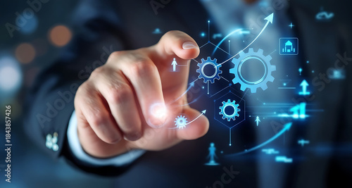 Businessman on blurred background touching gear wheel with his finger 3D rendering