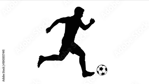A 3d vector illustration shows a professional athlete silhouette in an action pose as the football player prepares to kick the ball during a competitive soccer game activity