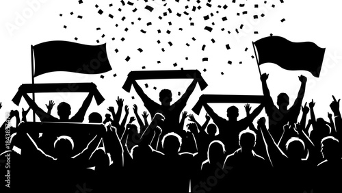 Vector illustration of a cheering crowd and people silhouettes dancing at a music festival disco club party with a DJ and audience celebrating a fun night concert