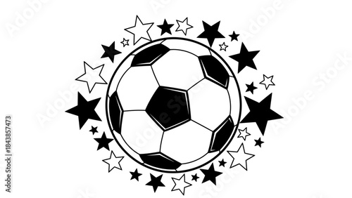 Isolated 3d vector illustration of a black and white leather soccer ball with stylized flames for sports competition equipment on a round sphere object