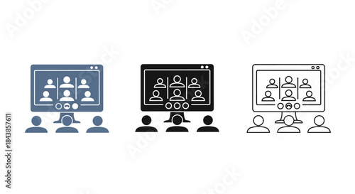 Minimalist illustration of set monitor call window silhouettes, Symbolizing focused online discussion, flat vector design illustration.