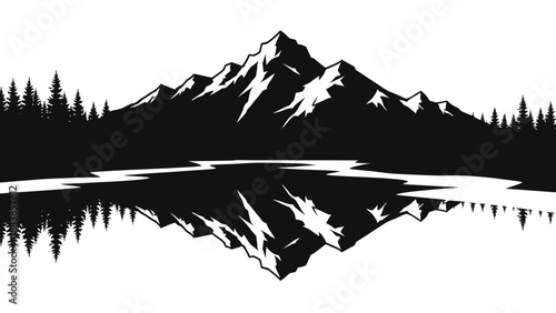 Vector illustration of a majestic mountain landscape with a snowy peak, winter glacier, and blue lake under a cloudy sky featuring a scenic forest view