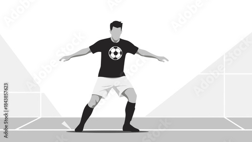 A vector illustration of a boy athlete in action running with a soccer ball during a sports competition featuring a black silhouette art style