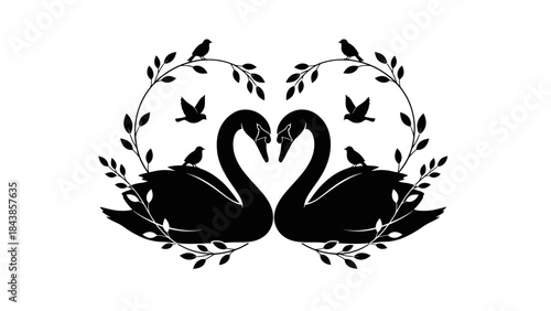 Set of black and white flower vector illustrations and swan bird silhouettes in a floral tattoo design style featuring nature elements, hearts, and elegant animal patterns for a love symbol