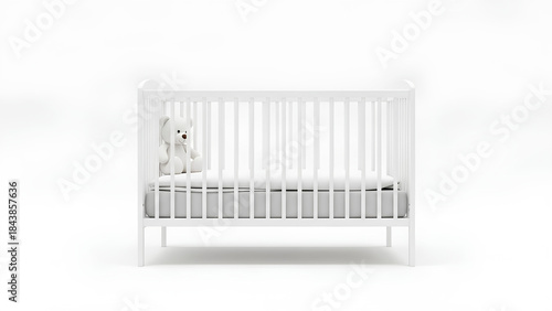 Wallpaper Mural Modern white baby crib with a comfortable grey mattress and a lovely teddy bear Torontodigital.ca