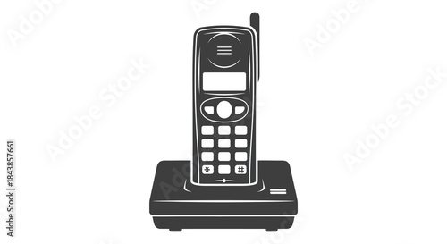 A detailed black and white illustration of a classic cordless telephone showcasing its design silhouette