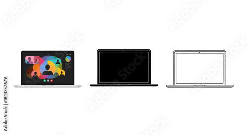 Minimalist illustration of three sets of laptop silhouettes, Symbolizing remote business communication, flat vector design illustration.